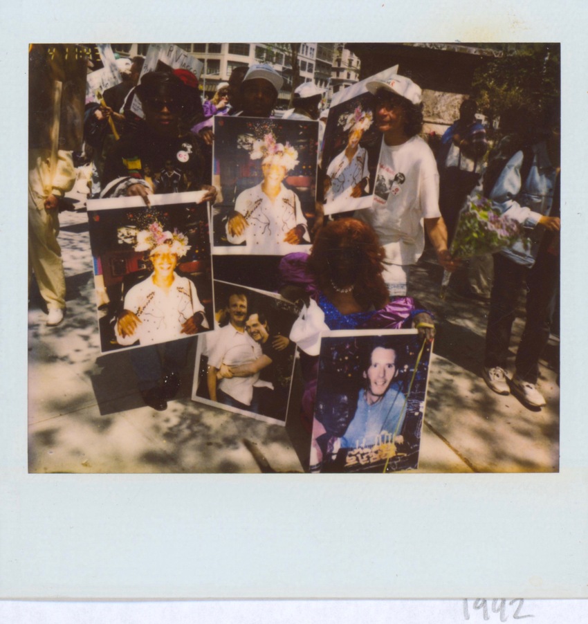 Download the full-sized image of A Photograph of Sylvia Rivera and Others Holding Posters of Marsha P. Johnson