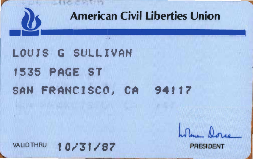 Download the full-sized PDF of Lou Sullivan's ACLU Member Card