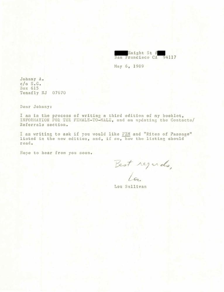 Download the full-sized PDF of Correspondence from Lou Sullivan to John Armstrong (May 6, 1989)