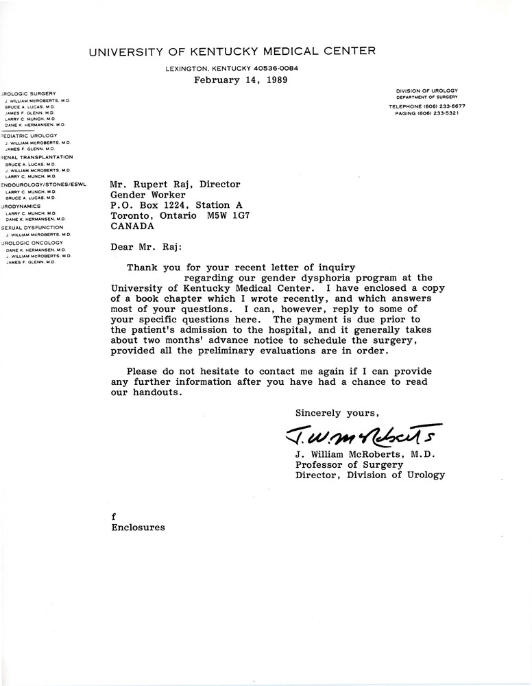 Download the full-sized PDF of Letter to Rupert Raj from Dr. J. William McRoberts (February 14, 1989)