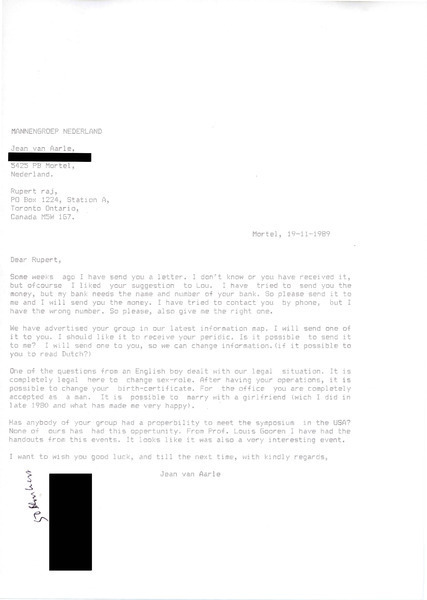Download the full-sized image of Letter from Jean Van Aarle to Rupert Raj (November 19, 1989)