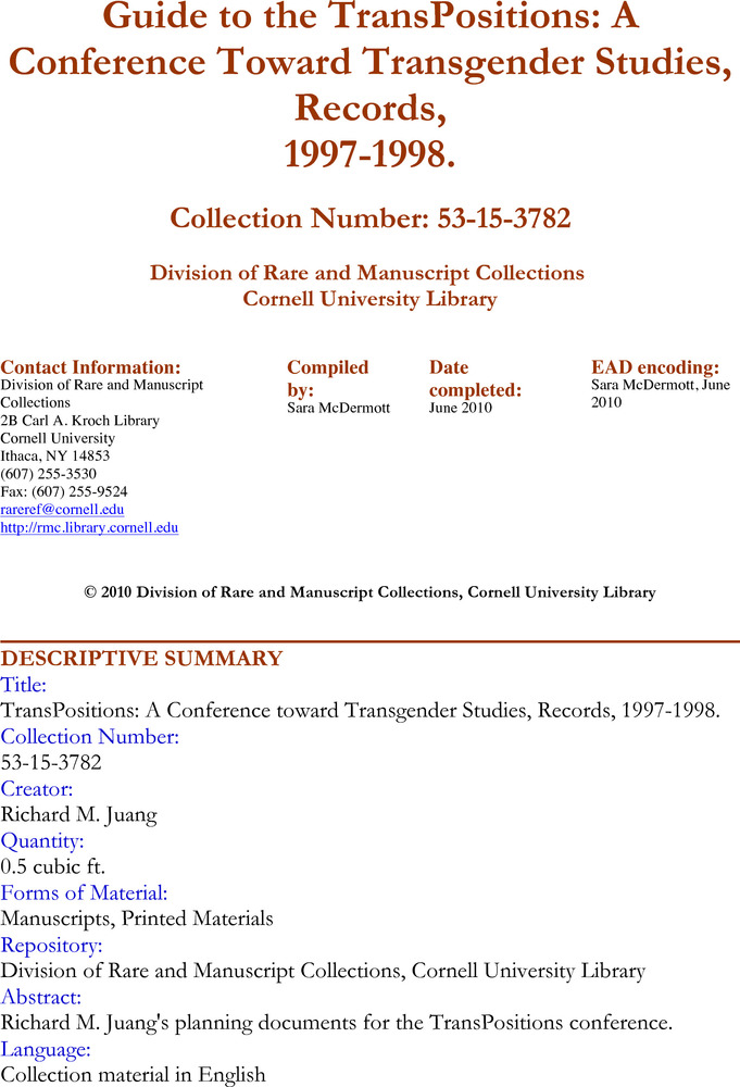 Download the full-sized PDF of Guide to the TransPositions: A Conference Toward Transgender Studies, Records, 1997-1998