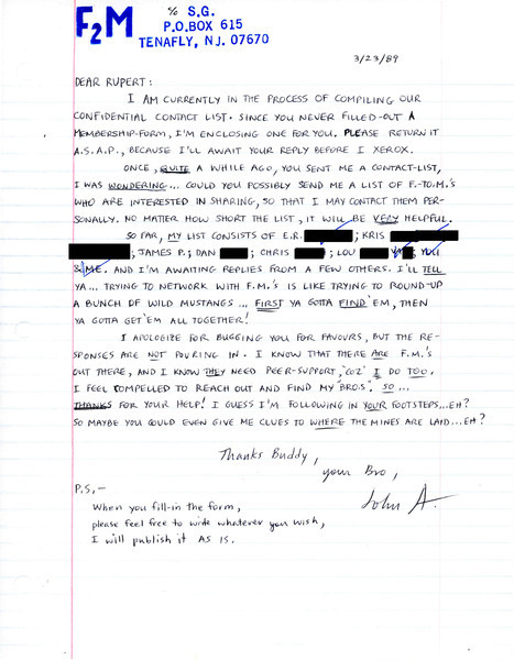 Download the full-sized image of Letter from John A. to Rupert Raj (March 23, 1989)