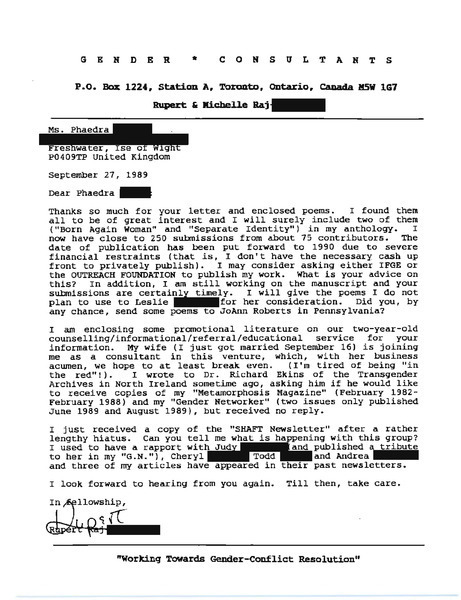 Download the full-sized image of Letter from Rupert Raj to Phaedra (September 27. 1989)