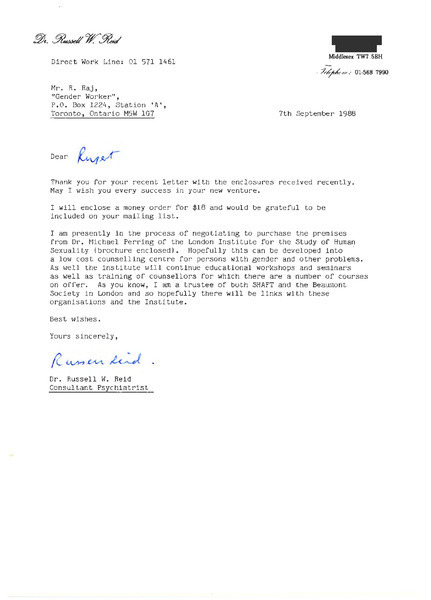 Download the full-sized image of Letter from Russel W. Reid to Rupert Raj (September 7, 1988)