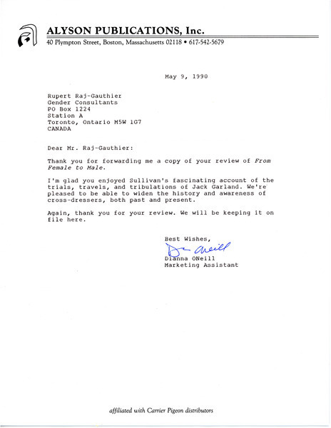 Download the full-sized image of Letter from Dianna ONeill to Rupert Raj (May 9, 1990)