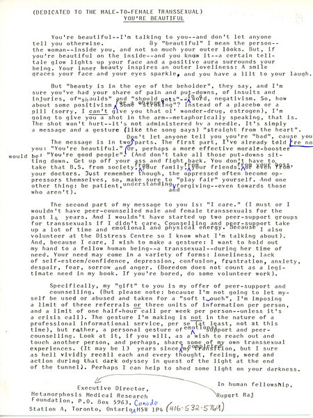 Download the full-sized image of A Letter from Rupert Raj to MtF Transsexuals (1979)