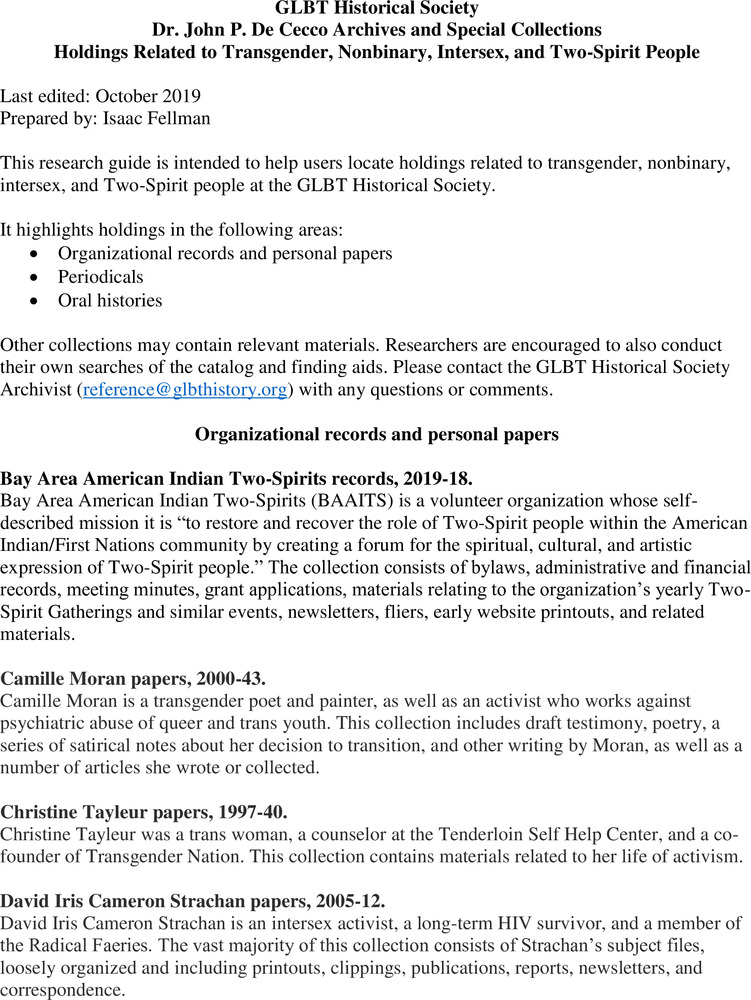 Download the full-sized PDF of GLBT Historical Society Dr. John P. De Cecco Archives and Special Collections Holdings Related to Transgender, Nonbinary, Intersex, and Two-Spirit People