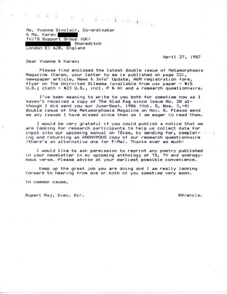 Download the full-sized PDF of Letter from Rupert Raj to Yvonne Sinclair and Karen Richard (April 27, 1987)