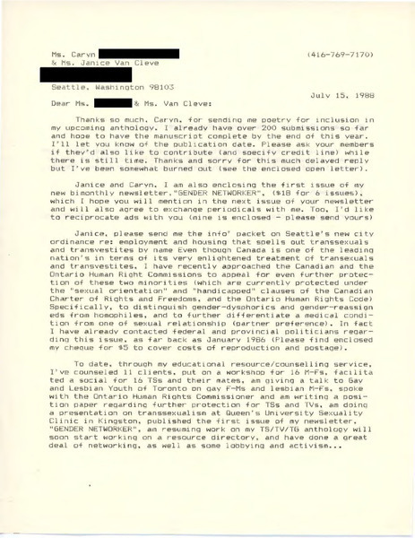 Download the full-sized image of Letter from Rupert Raj to Caryn Roberts and Janice Van Cleve (July 15, 1988)