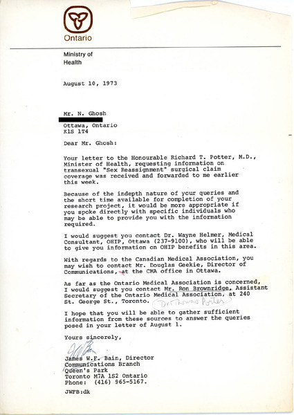 Download the full-sized image of Letter from James W.F. Bain to Rupert Raj (August 10, 1973)