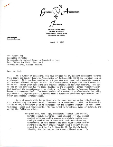 Download the full-sized image of Letter from Judy O. Jennings to Rupert Raj (March 5, 1987)