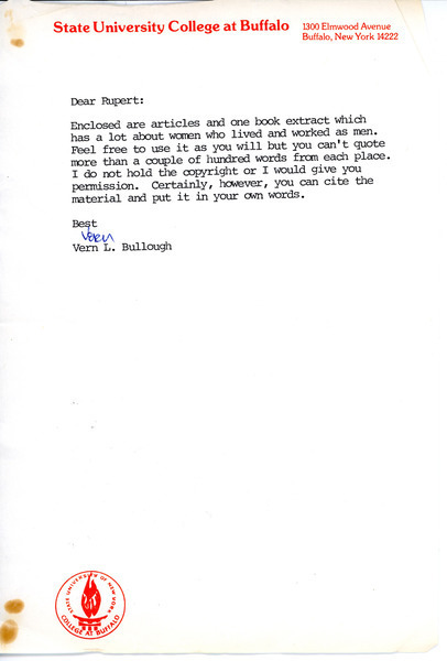 Download the full-sized image of Letter from Vern L. Bullough to Rupert Raj