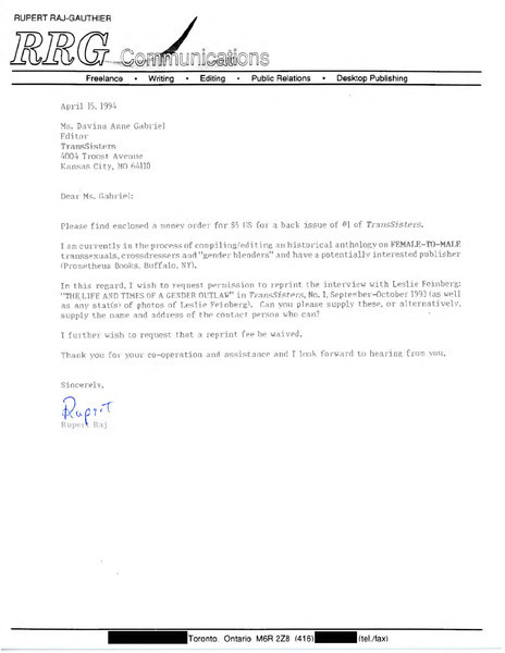 Download the full-sized image of Letter from Rupert Raj to Davina Anne Gabriel (April 15, 1995)