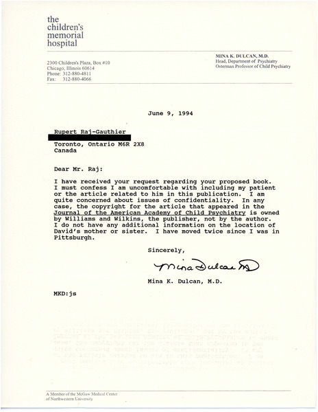 Download the full-sized image of Letter from Dr. Mina Dulcan to Rupert Raj (June 9, 1994)