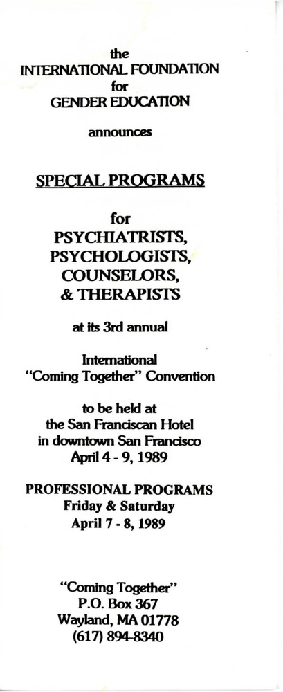 Download the full-sized PDF of Brochure for IFGE's 3rd Annual "Coming Together" Convention (April 4-9, 1989)