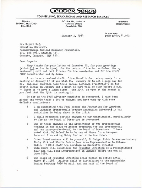 Download the full-sized image of Letter from Susan Huxford to Rupert Raj (January, 2, 1984)