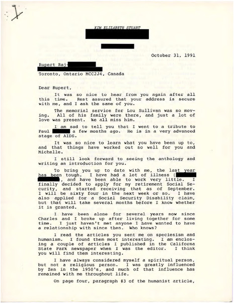 Download the full-sized image of Letter from Kim E. Stuart to Rupert Raj (October 31, 1991)