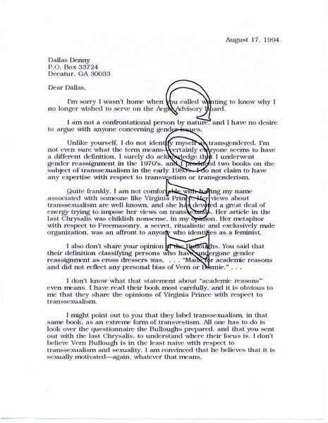 Download the full-sized image of Letter from Kim Elizabeth Stuart to Dallas Denny (August 17, 1994)
