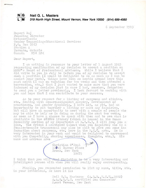 Download the full-sized image of Letter from Neil G.L. Masters to Rupert Raj (Sep. 3, 1983)