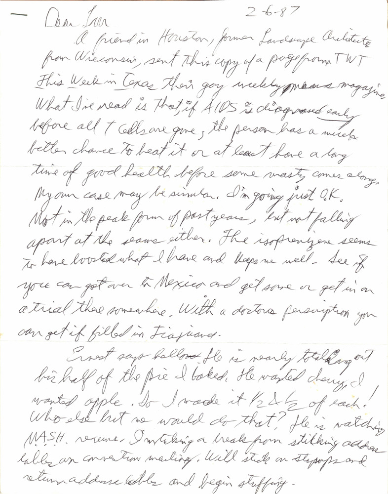 Download the full-sized PDF of Correspondence from Alyn Hess to Lou Sullivan (February 6, 1987)