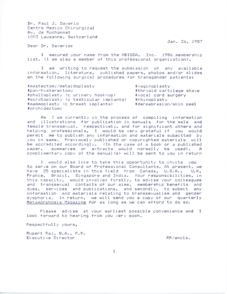 Download the full-sized PDF of Letter from Rupert Raj to Dr. Paul J. Daverio (January 26, 1987)