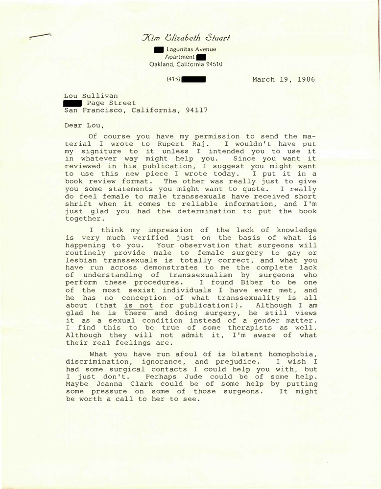 Download the full-sized PDF of Correspondence from Kim Stuart to Lou Sullivan (March 19, 1986)