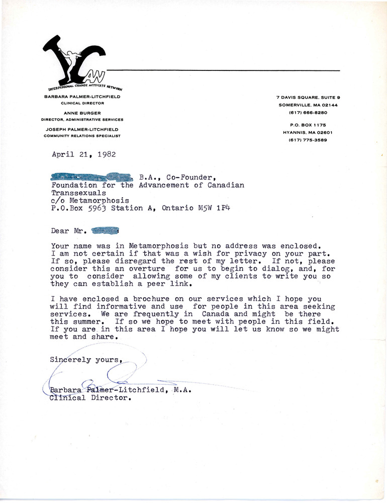 Download the full-sized PDF of Letter from Barbara Palmer Litchfield to the Co-Founder of the Foundation for the Advancement for Canadian Transsexuals (April 21, 1982)