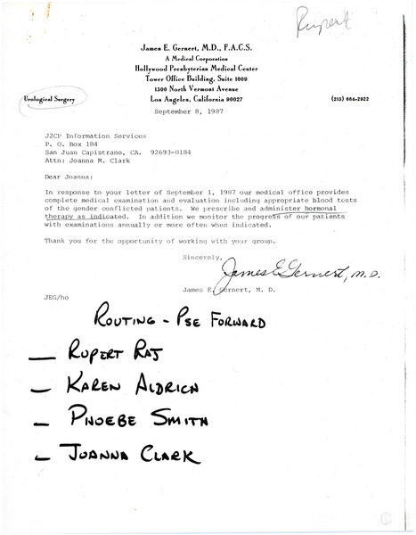 Download the full-sized image of Letter from Dr. James E. Gernert to Joanna Clark (September 8, 1987)