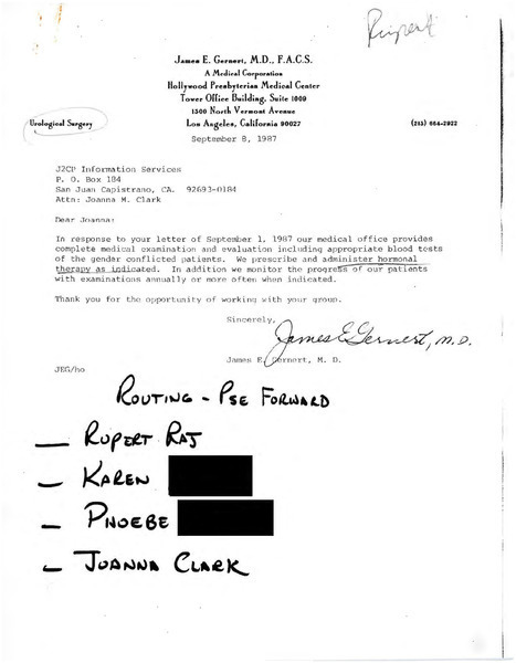 Download the full-sized image of Letter from Dr. James E. Gernert to Joanna Clark (September 8, 1987)