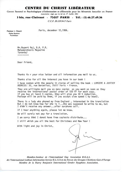 Download the full-sized image of Letter from Pastor J. Doucé to Rupert Raj (December 12, 1986)