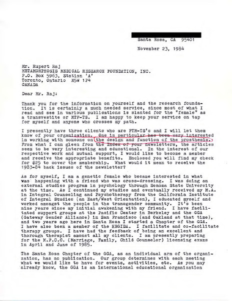 Download the full-sized image of Letter from Maria to Rupert Raj (November 23, 1984)