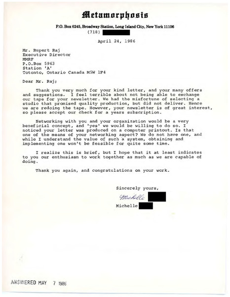 Download the full-sized image of Letter from Michelle to Rupert Raj (April 24, 1986)