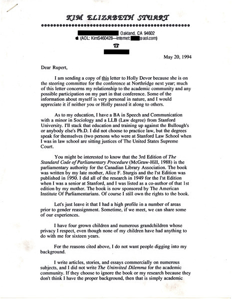Download the full-sized image of Letter and E-mail from Kim Elizabeth Stuart to Rupert Raj (May 20, 1994)