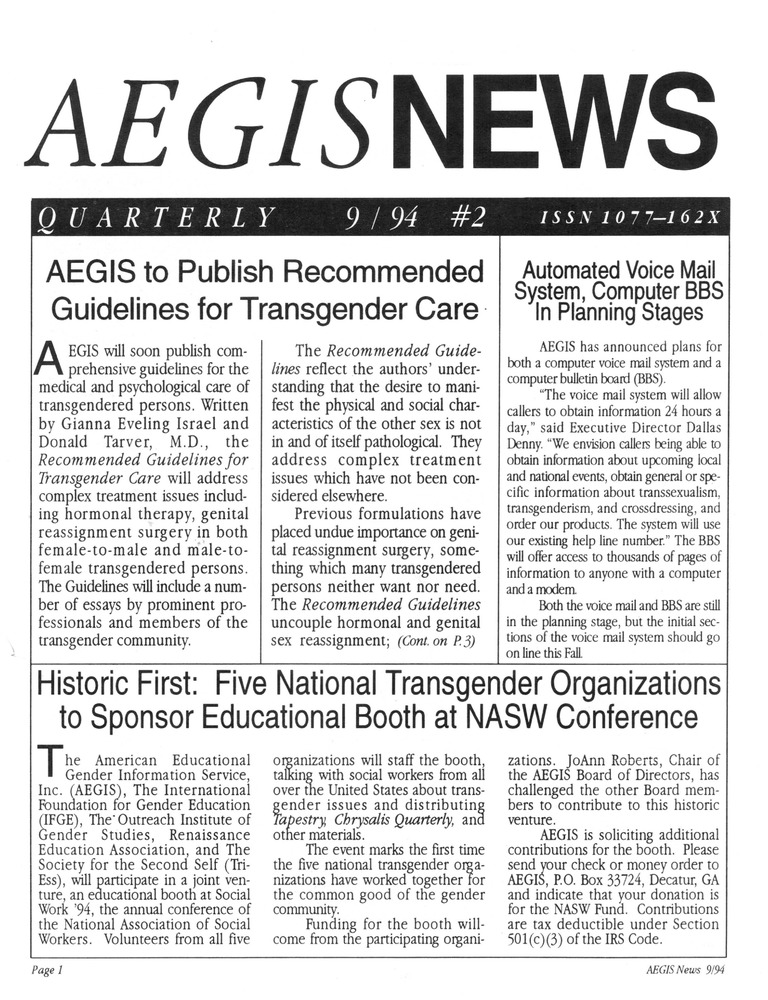 Download the full-sized PDF of AEGIS News, No. 2 (September, 1994)