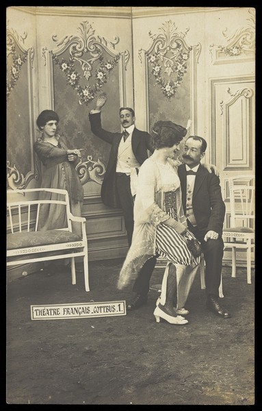 Download the full-sized image of Actors performing French theatre at a prisoner of war camp in Cottbus. Photographic postcard, 191-.