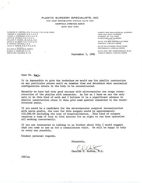 Download the full-sized image of Letter from Dr. Charles E. Horton to Rupert Raj (September 3, 1981)