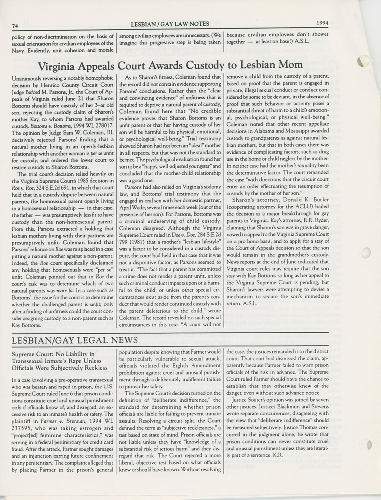 Download the full-sized PDF of No Liability in Transsexual Inmate's Assault Unless Officials Were Subjectively Reckless