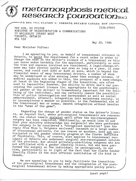 Download the full-sized image of Letter from Rupert Raj to Minister Fulton (May 22, 1986)