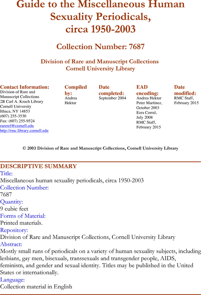 Download the full-sized PDF of Guide to the Miscellaneous Human Sexuality Periodicals, circa 1950-2003