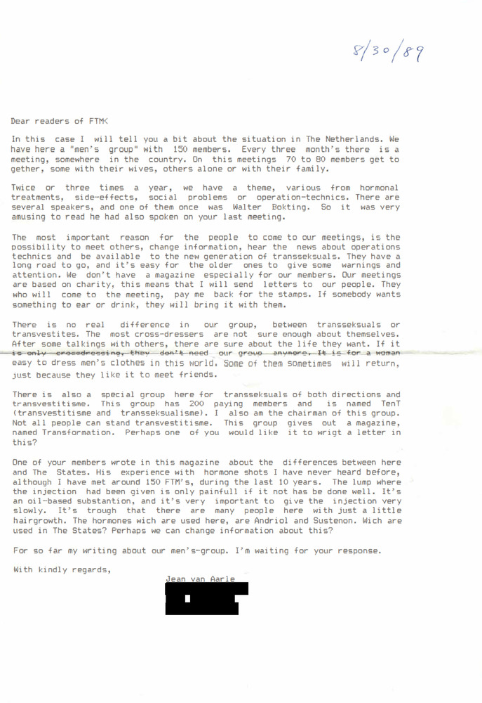 Download the full-sized PDF of Correspondence from Jean Aarle to Lou Sullivan (August 30, 1989)