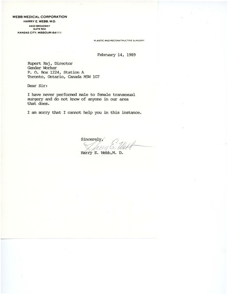 Download the full-sized image of Letter From Harry E. Webb to Rupert Raj (February 14, 1989)