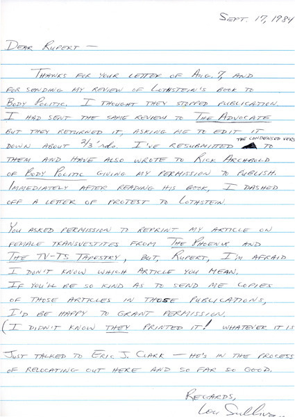 Download the full-sized image of Letter from Lou Sullivan to Rupert Raj (September 17, 1984)