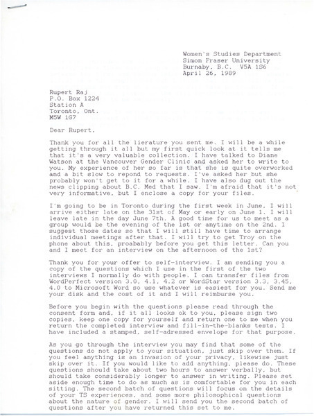 Download the full-sized image of Letter from Holly Devor to Rupert Raj (April 26, 1989)