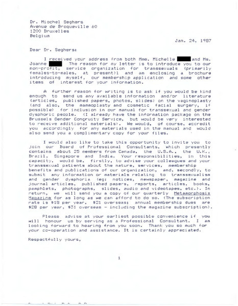 Download the full-sized image of Letter from Rupert Raj to Dr. Michel Seghers (January 24, 1987)
