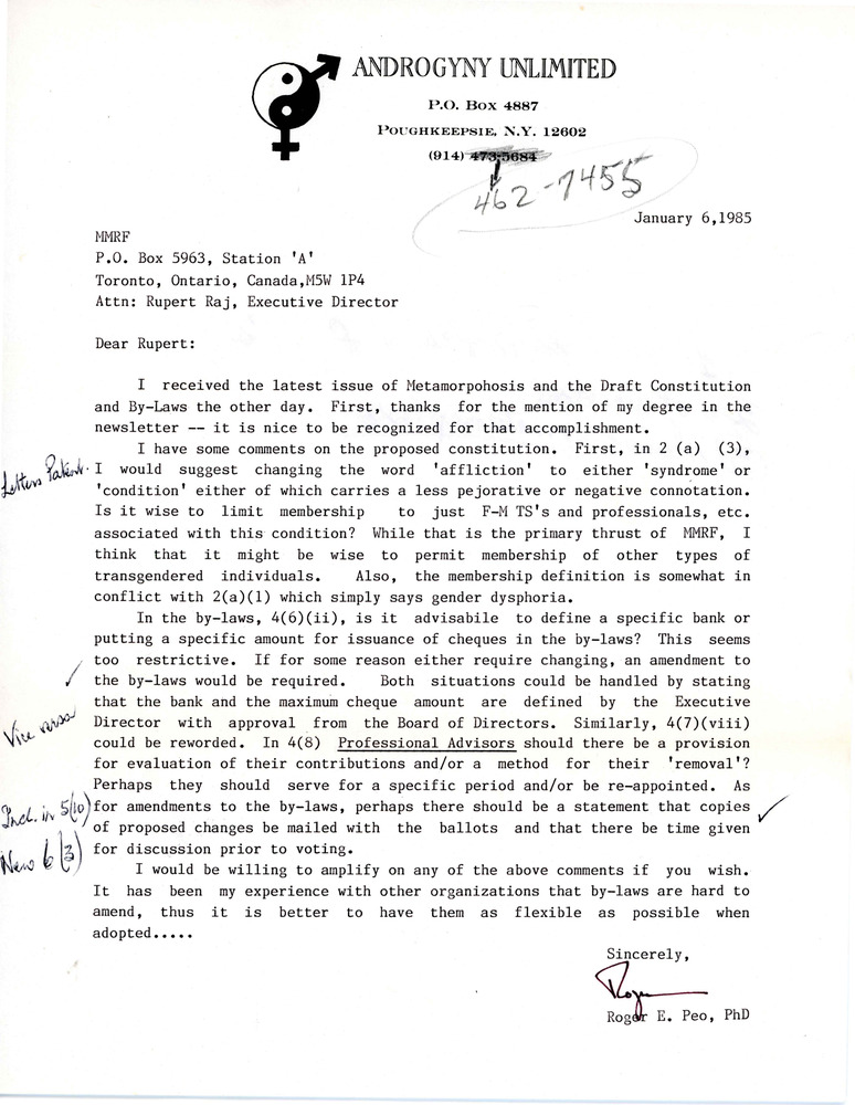 Download the full-sized PDF of Letter from Roger E. Peo to Rupert Raj (January 6, 1985)