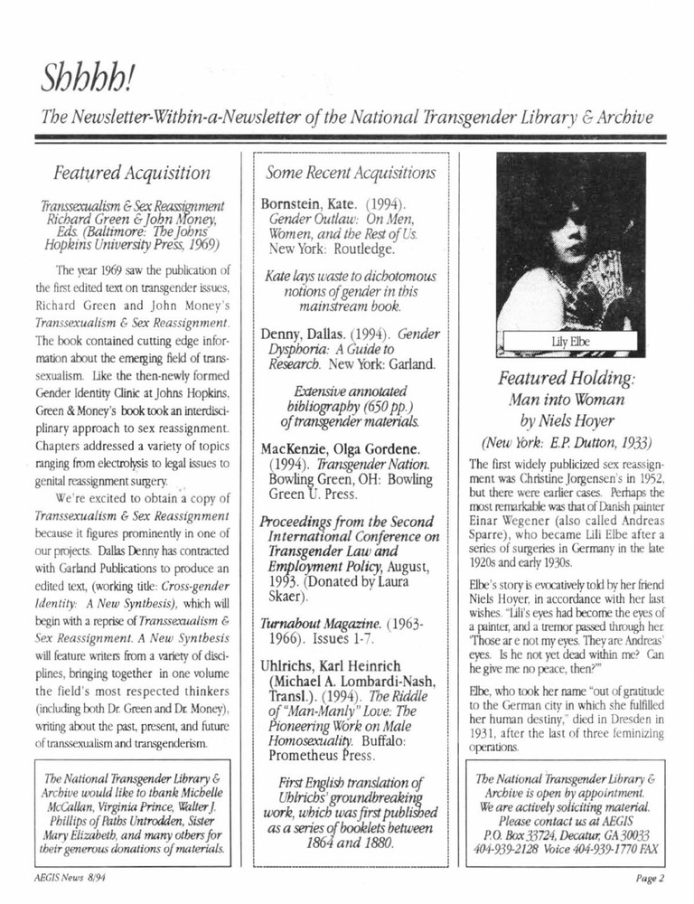 Download the full-sized PDF of Shhhh!: The Newsletter-Within-a-Newsletter of the National Transgender Library & Archive Vol. 1 No. 2 (September, 1994)