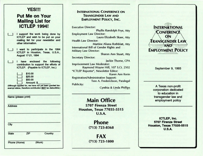 Download the full-sized PDF of Brochure for International Conference on Transgender Law and Employment Policy (Sept. 9, 1993)