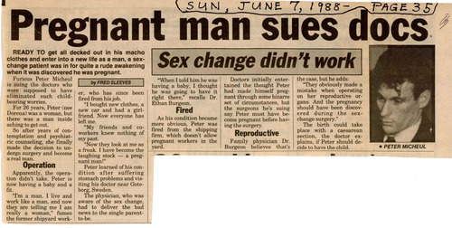 Download the full-sized image of Newspaper Clipping: "Pregnant Man Sues Doc"