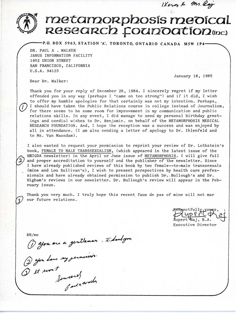 Download the full-sized PDF of Letter from Rupert Raj and Paul A. Walker (January 19, 1985)